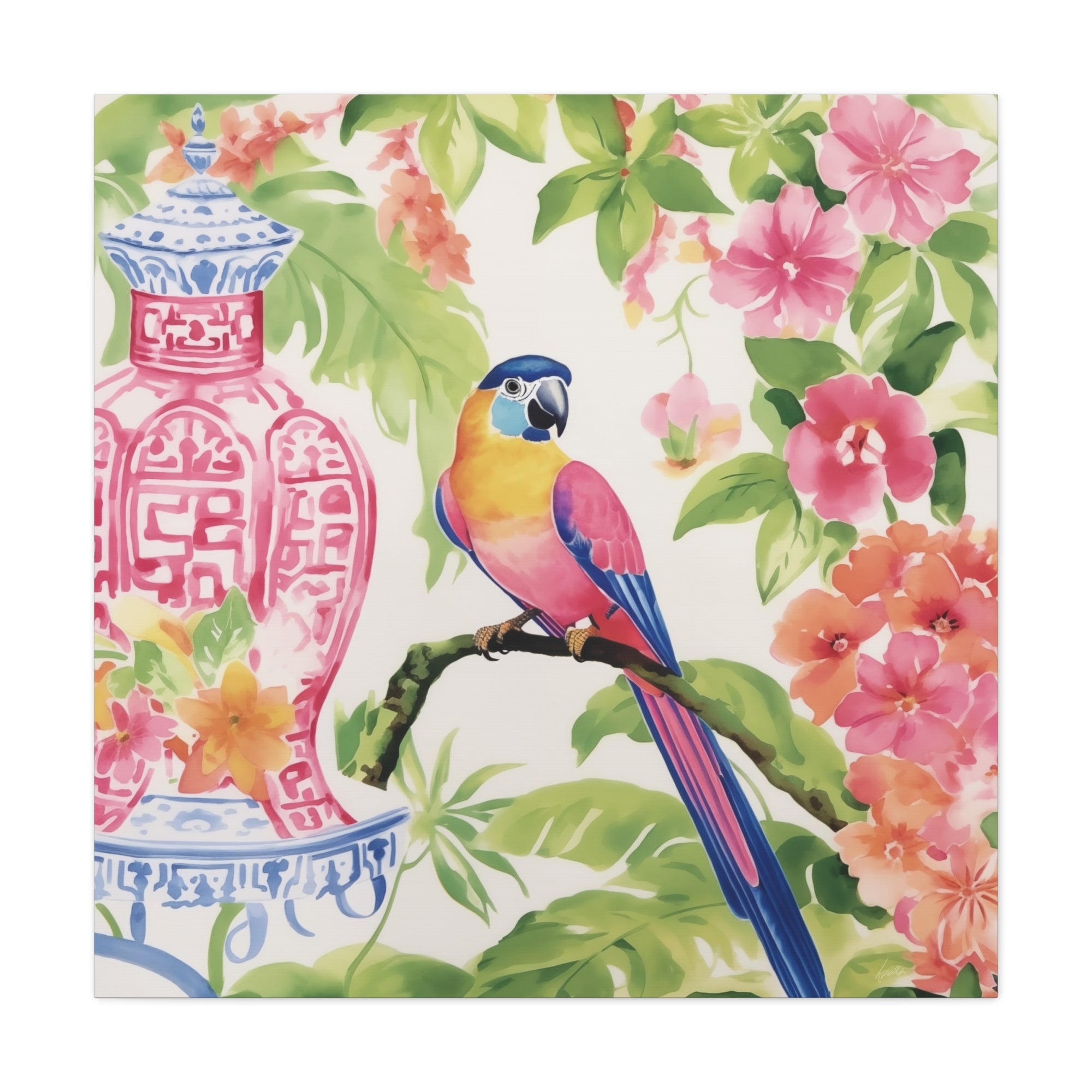 Parrot, Hibiscus and Chinoiserie - Available in 4 Sizes - Matte Canvas