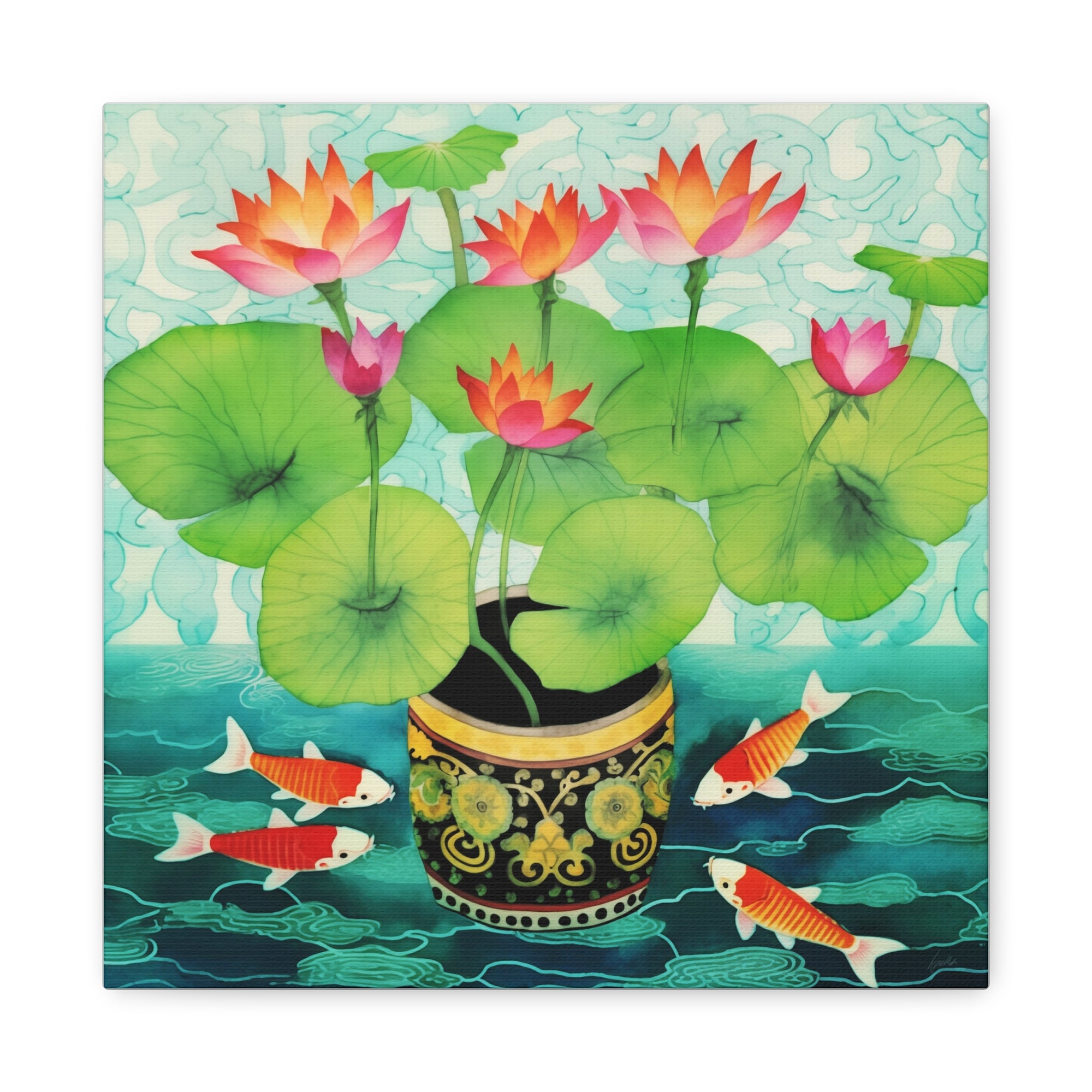 Koi With Lotus Pot - Available in 4 Sizes - Matte Canvas