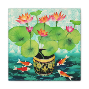 Koi With Lotus Pot - Available in 4 Sizes - Matte Canvas