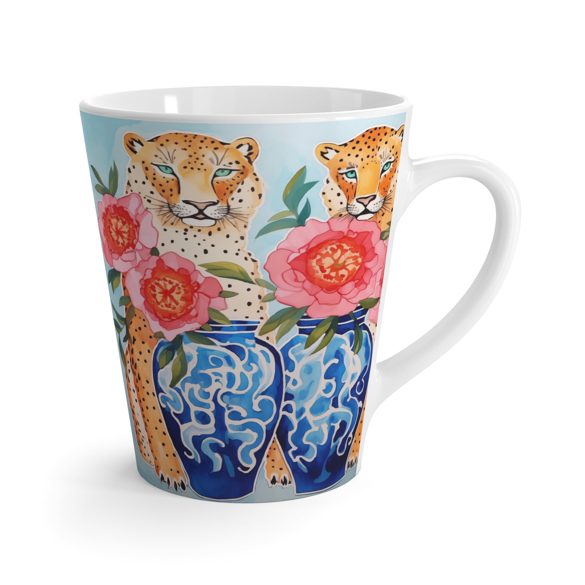 Latte Mug - Serengeti Cheetahs with Peonies and Chinoiserie Vase