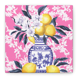 Lemons in Chinoiserie with Pink Chintz Wallpaper  -  Available in 4 Sizes - Matte Canvas