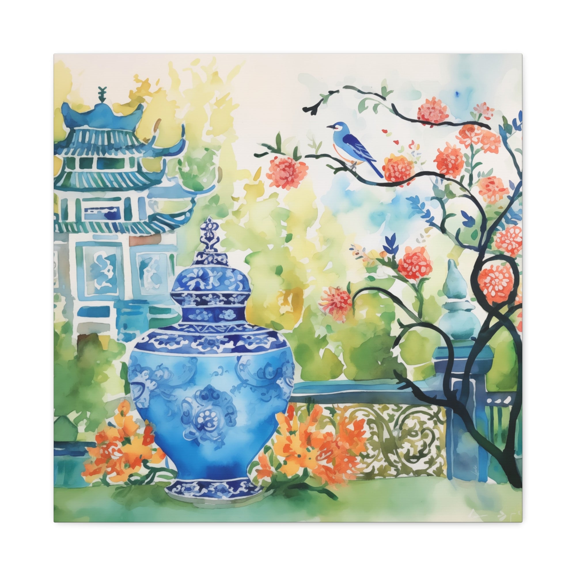 Pagoda with Blue Bird, Blossoms and Chinoiserie  - Available in 4 sizes - Matte Canvas