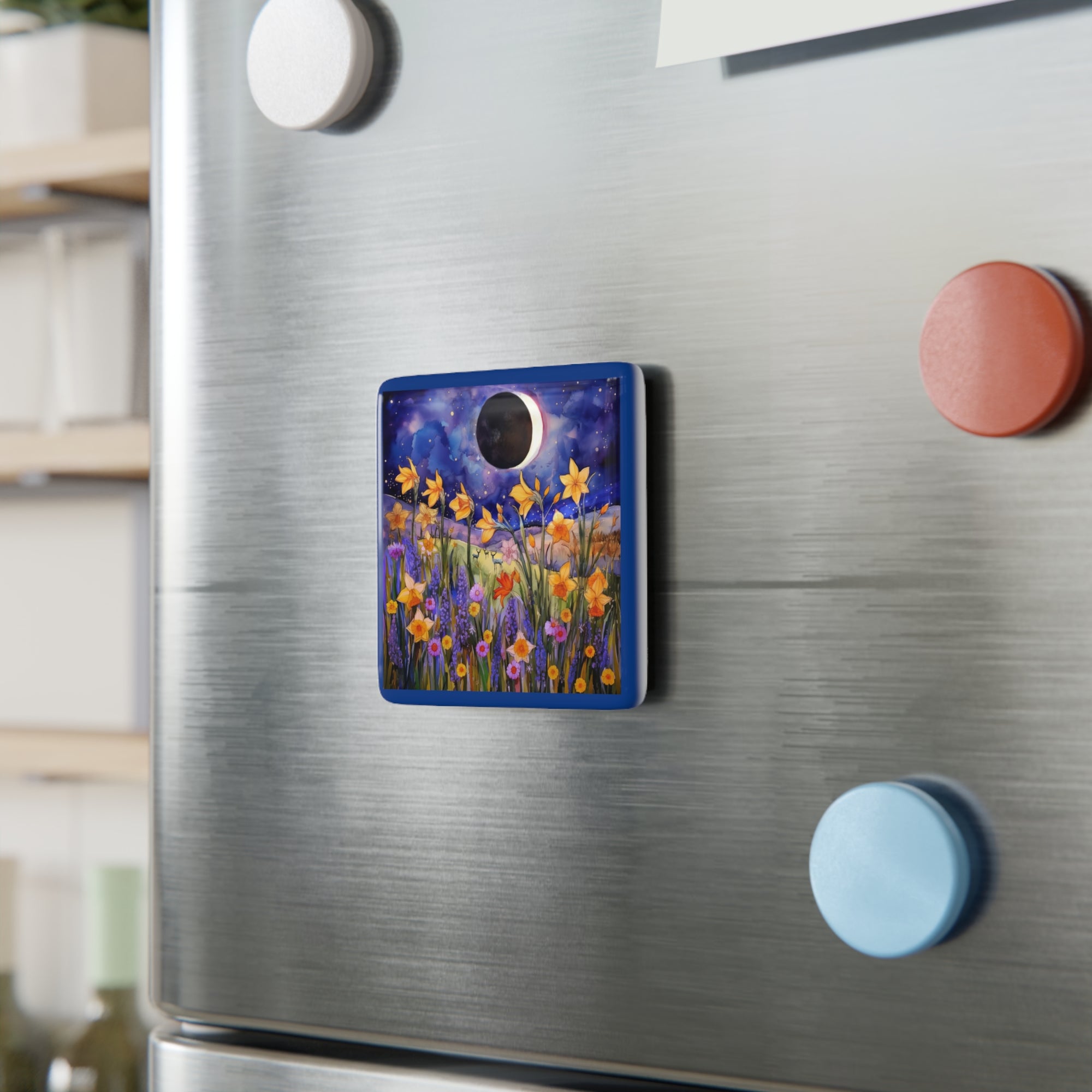 Wildflower Waltz with Solar Eclipse - personalization option - Porcelain Magnet, Square, kitchen magnet, magnet for fridge, eclipse, wildflower, deer, Wildflower Waltz