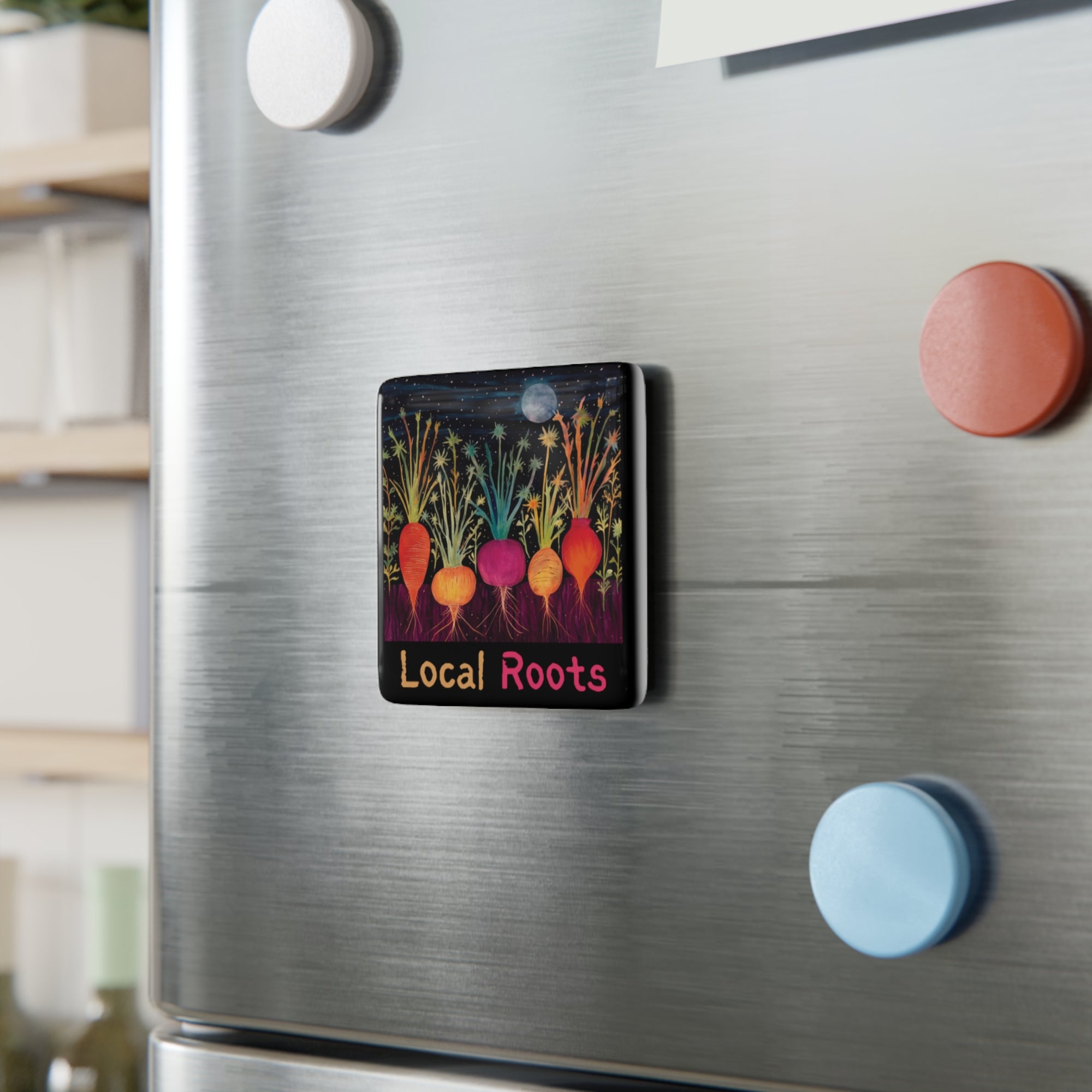 Local Roots - personalization option - Porcelain Magnet, Square, kitchen magnet, magnet for fridge, root vegetable, moon star, night garden, mystical garden, beet, carrot, radish, turnip