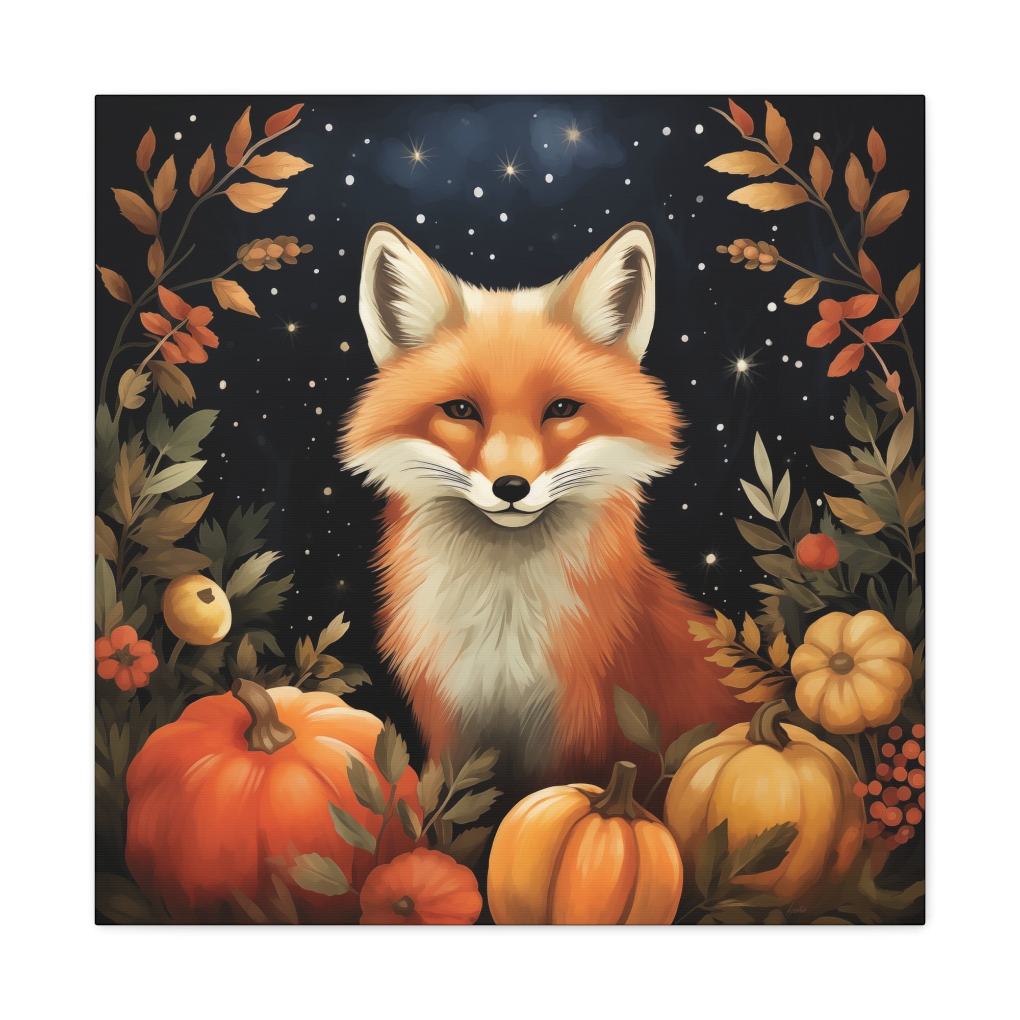 Fox in Starry Pumpkin Patch - Available in 4 Sizes - Matte Canvas