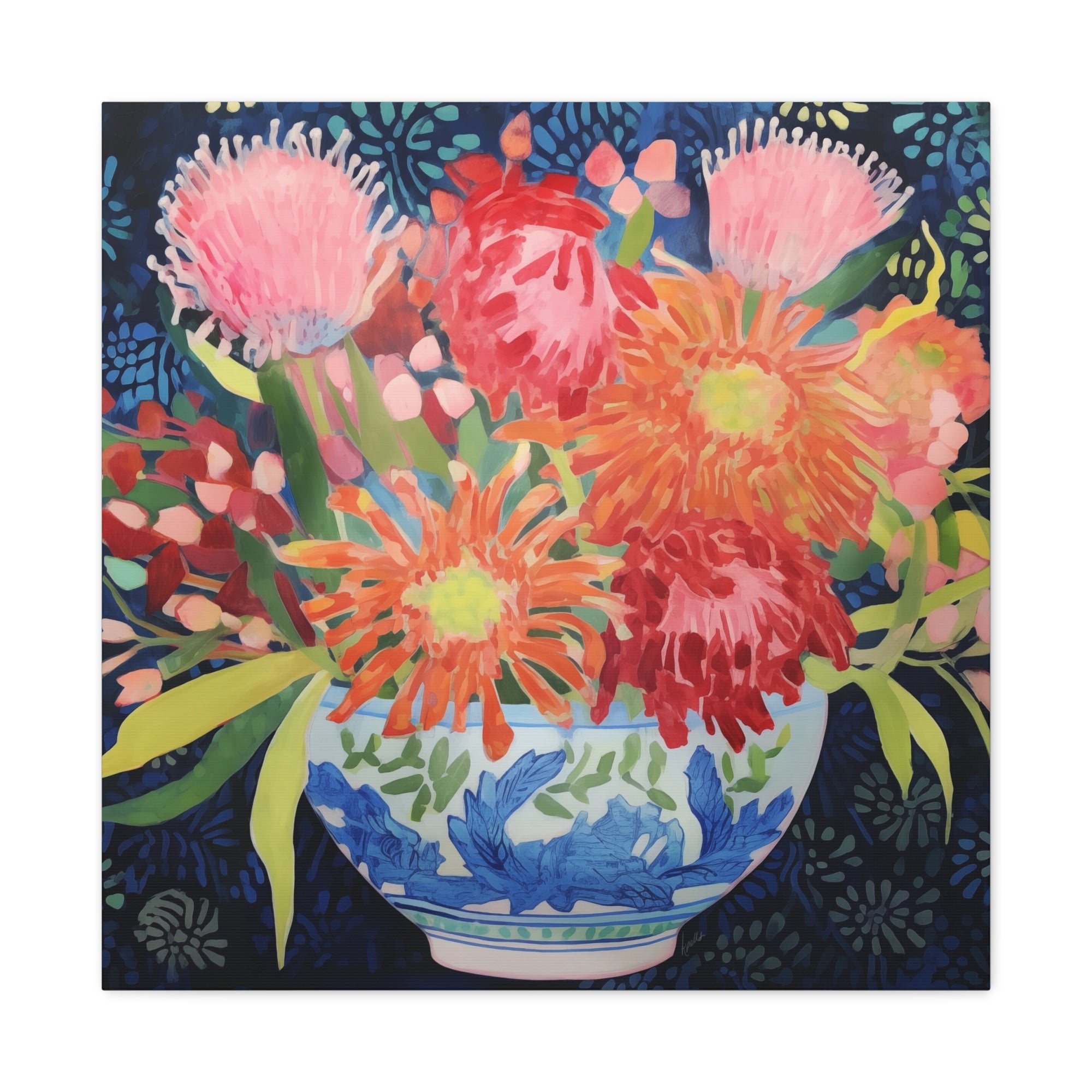 Protea, Mum, Aster in Blue and White Chinoiserie Bow - Available in 4 Sizes - Matte Canvas