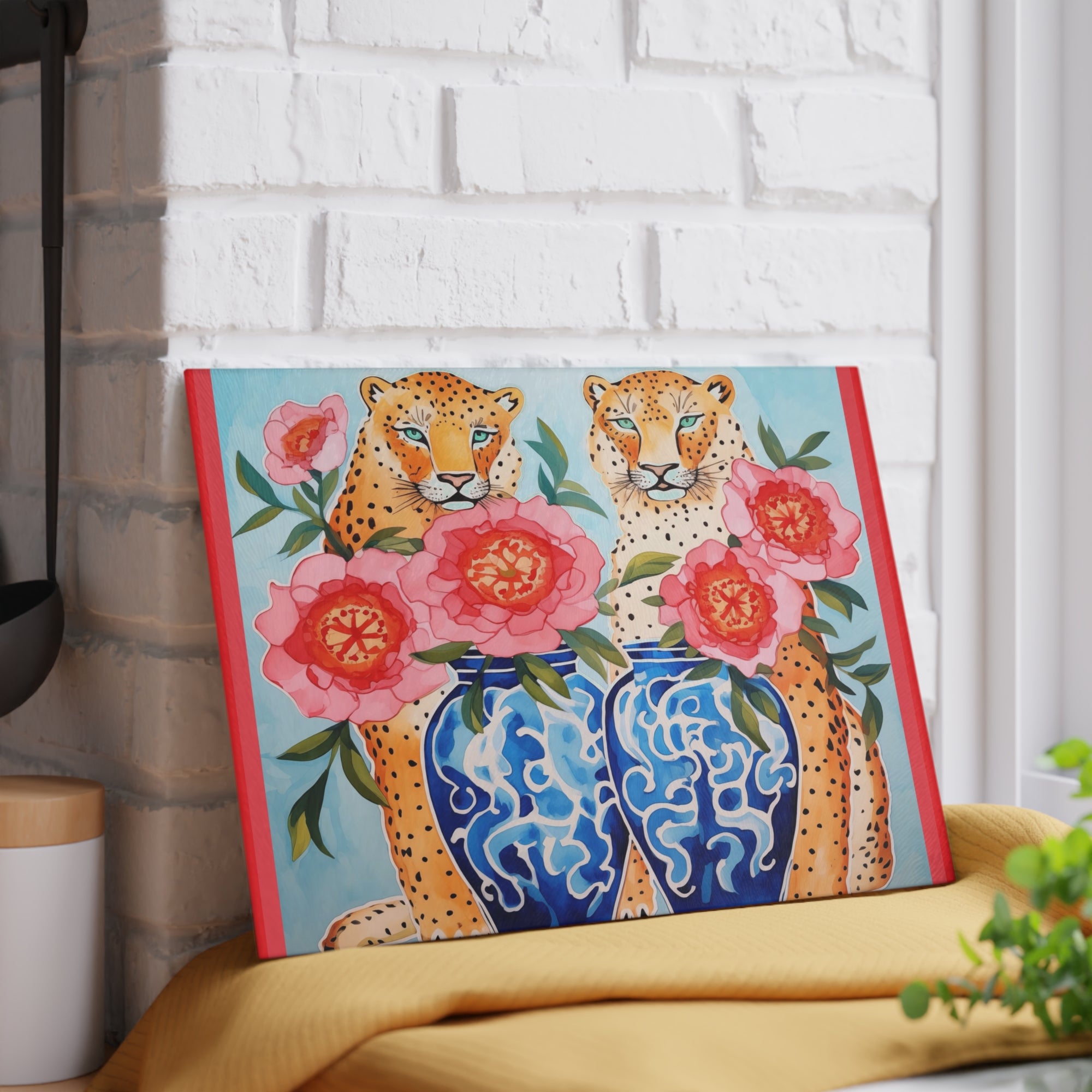 Cutting Board -Serengeti Cheetahs with Peonies & Chinoiserie - Personalization Optional