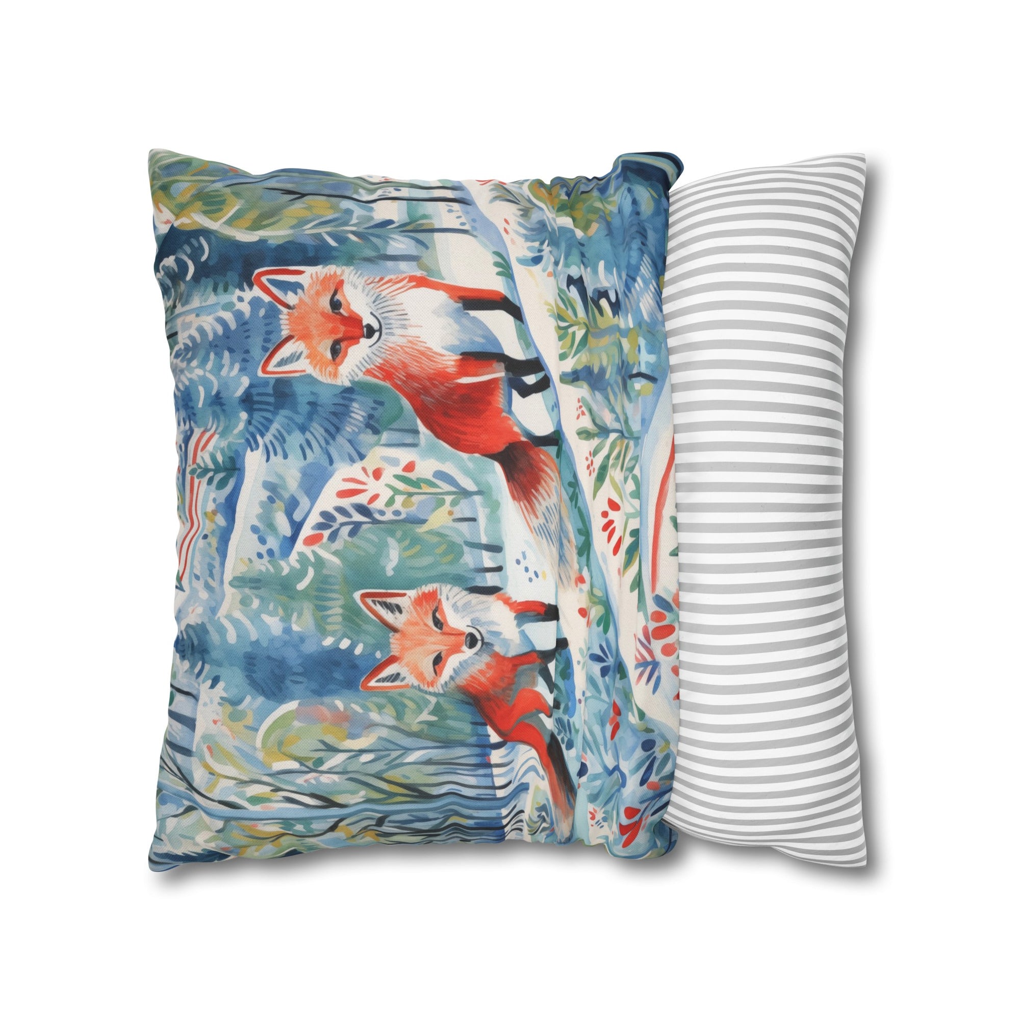 Spun Polyester Square Pillowcase - Foxes Snowy Sojourn