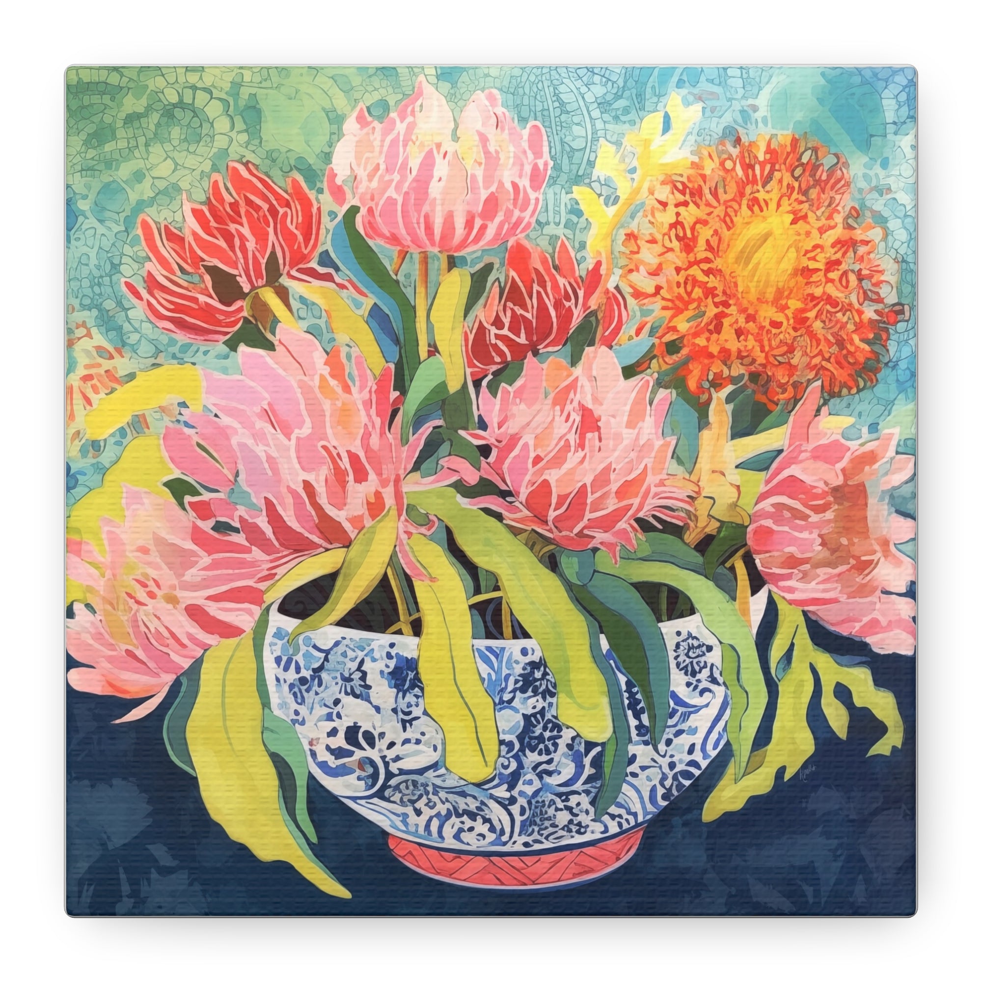 Pink Protea with Orange Spider Mums in Chinoiserie - Available in 4 Sizes - Matte Canvas