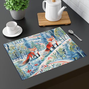 Placemat, 1pc - Foxes Snowy Sojourn, winter placemat, snowy trail, red fox, place mat, table, nature, winter wonderland, fox trail, table scape, tabletop