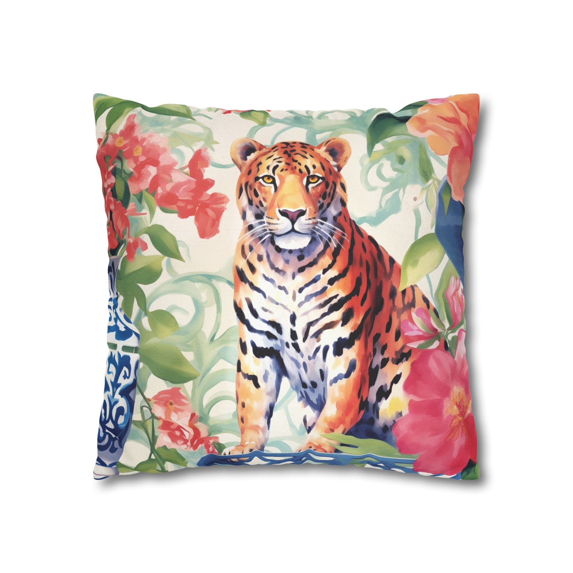 Spun Polyester Square Pillowcase -Tiger’s Garden