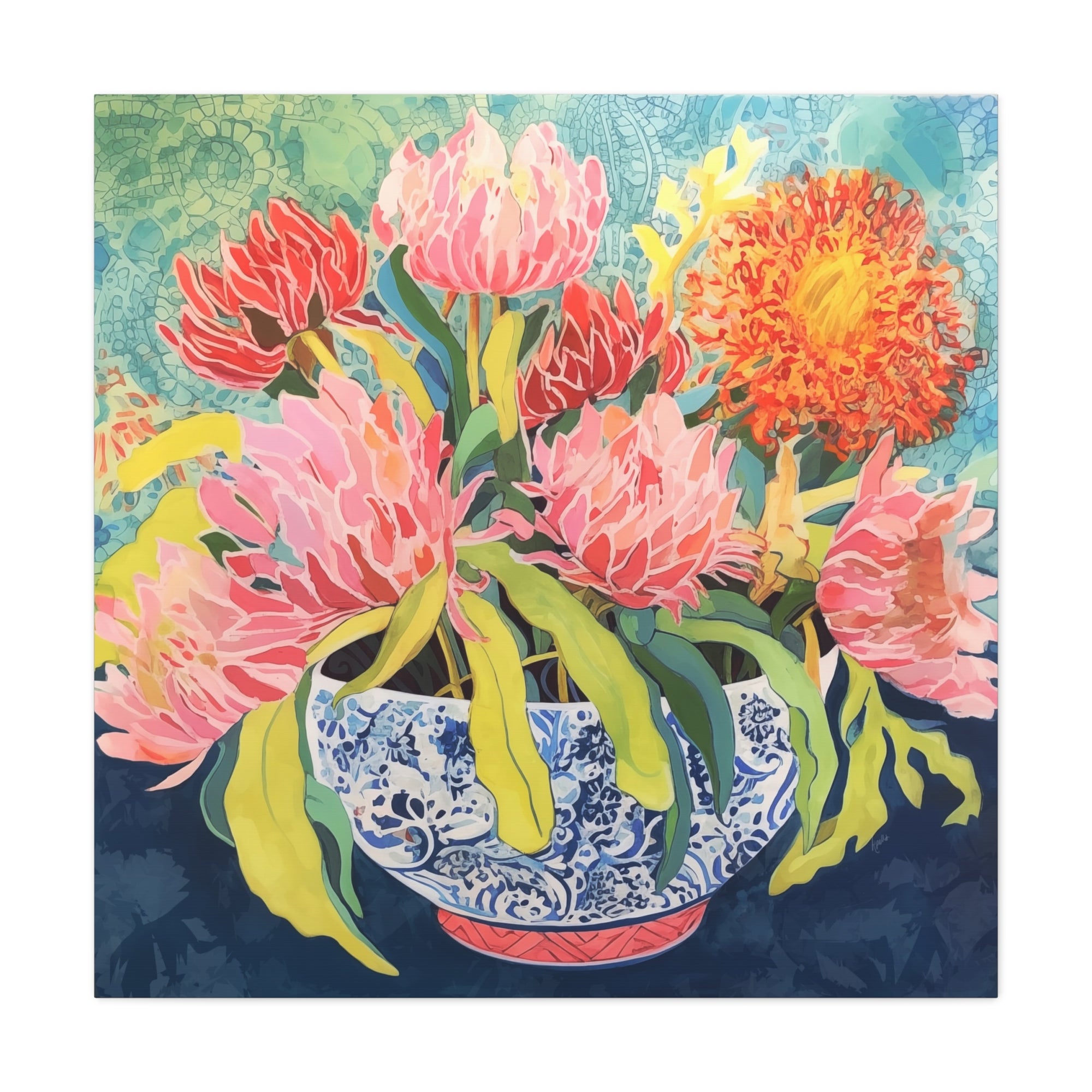 Pink Protea with Orange Spider Mums in Chinoiserie - Available in 4 Sizes - Matte Canvas