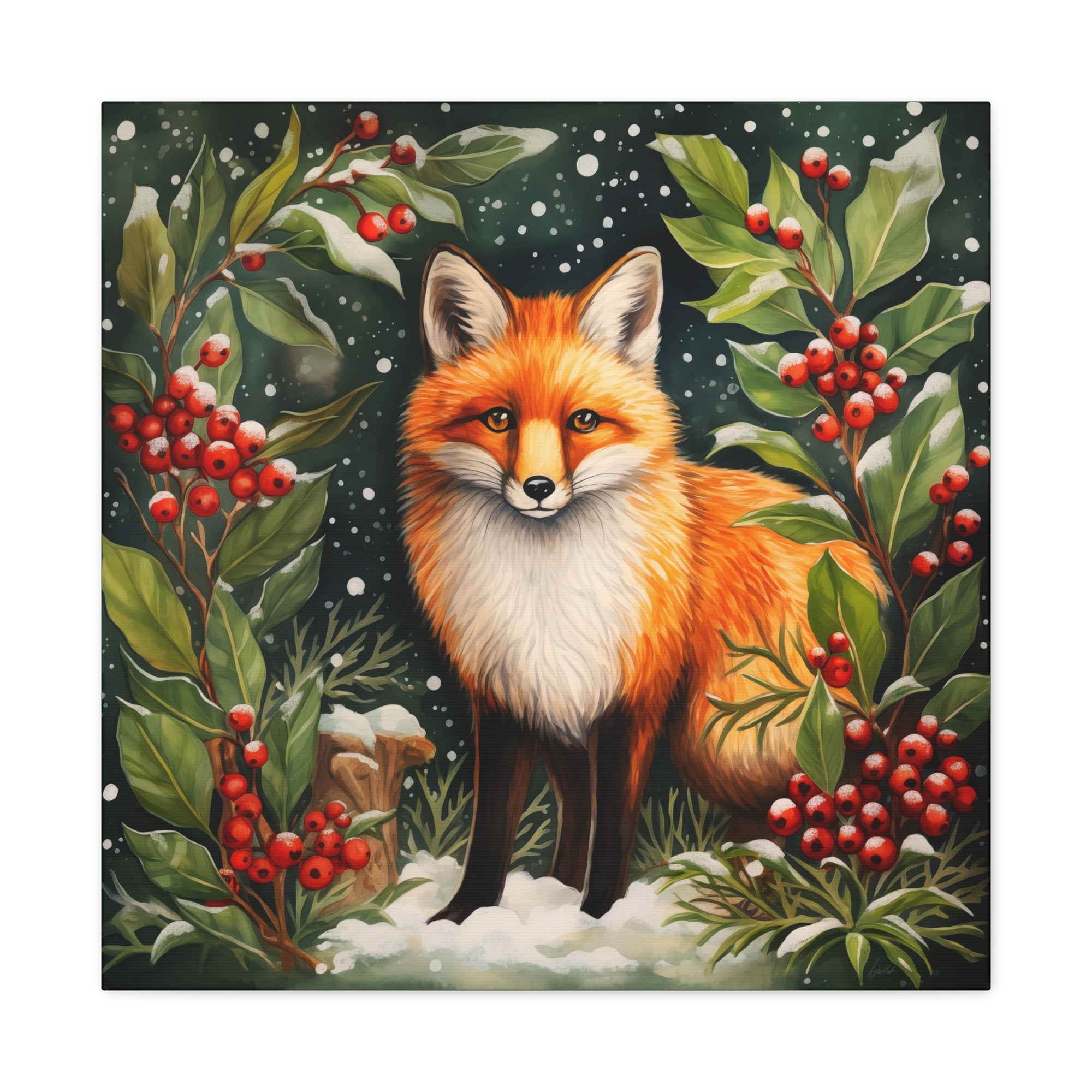 Snowy Hollies With Fox - Available in 4 Sizes - Matte Canvas