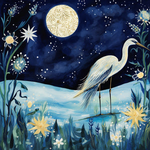 Egret Under the Moon - Canvas Giclée Print