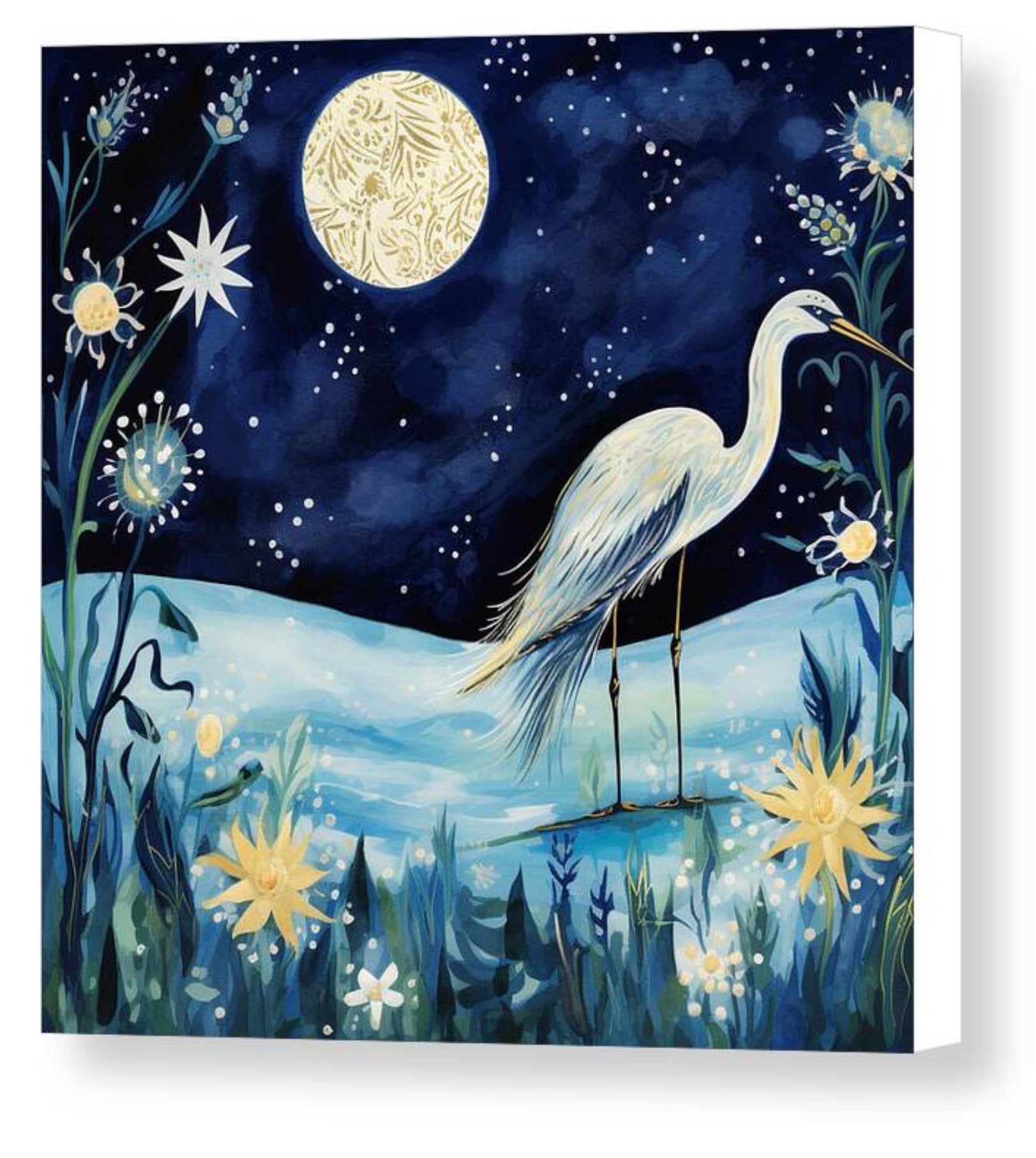 Egret Under the Moon - Canvas Giclée Print