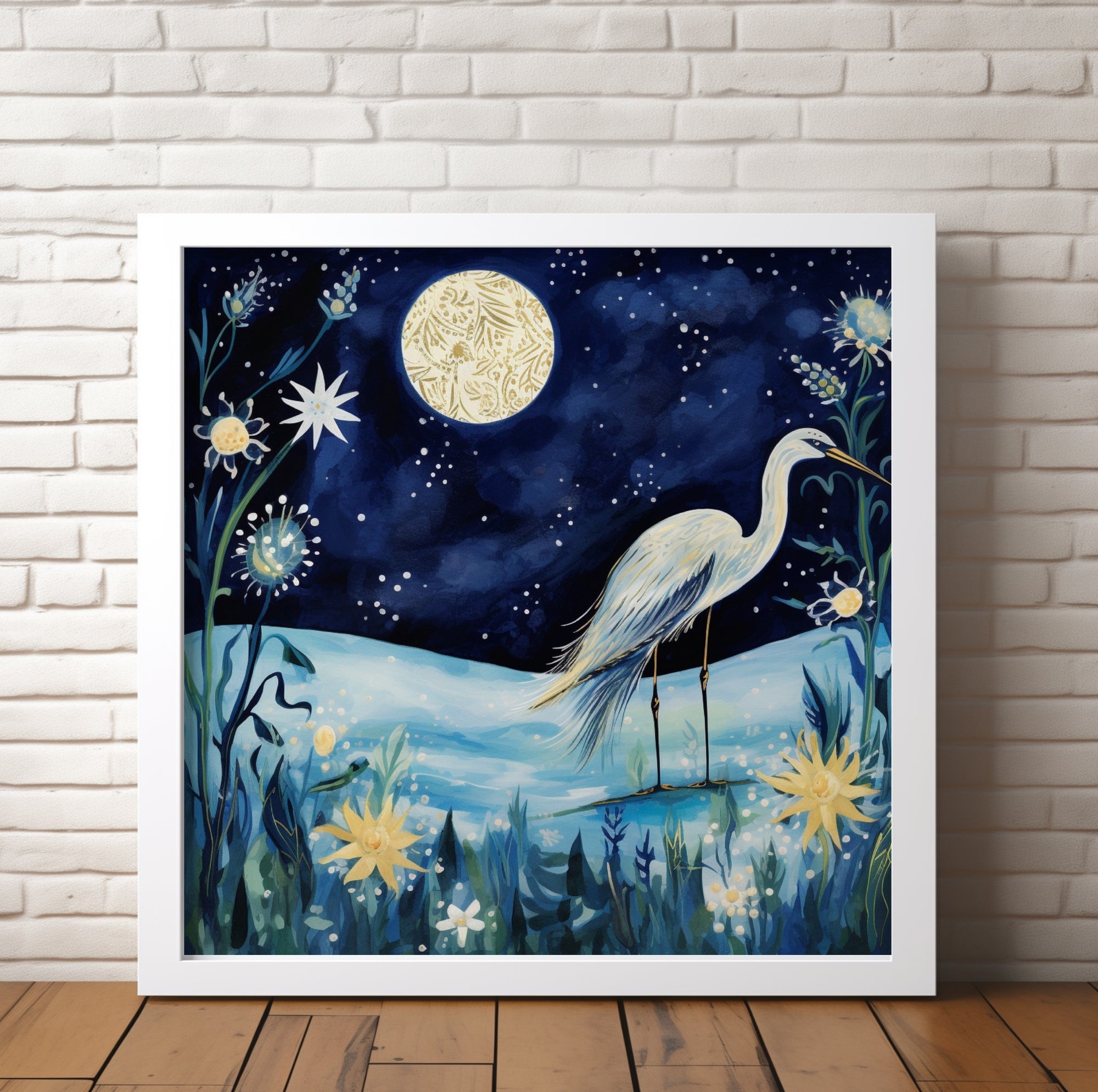 Egret Under the Moon - Canvas Giclée Print