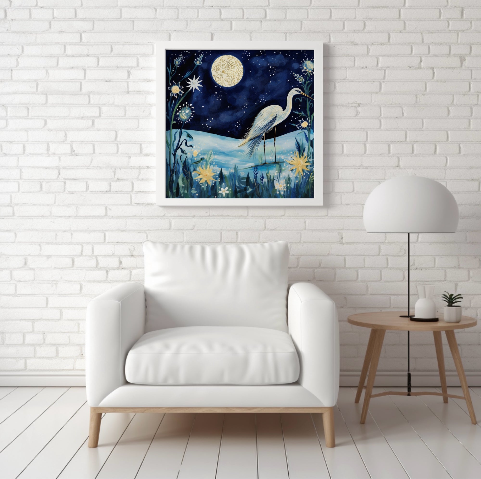 Egret Under the Moon - Canvas Giclée Print