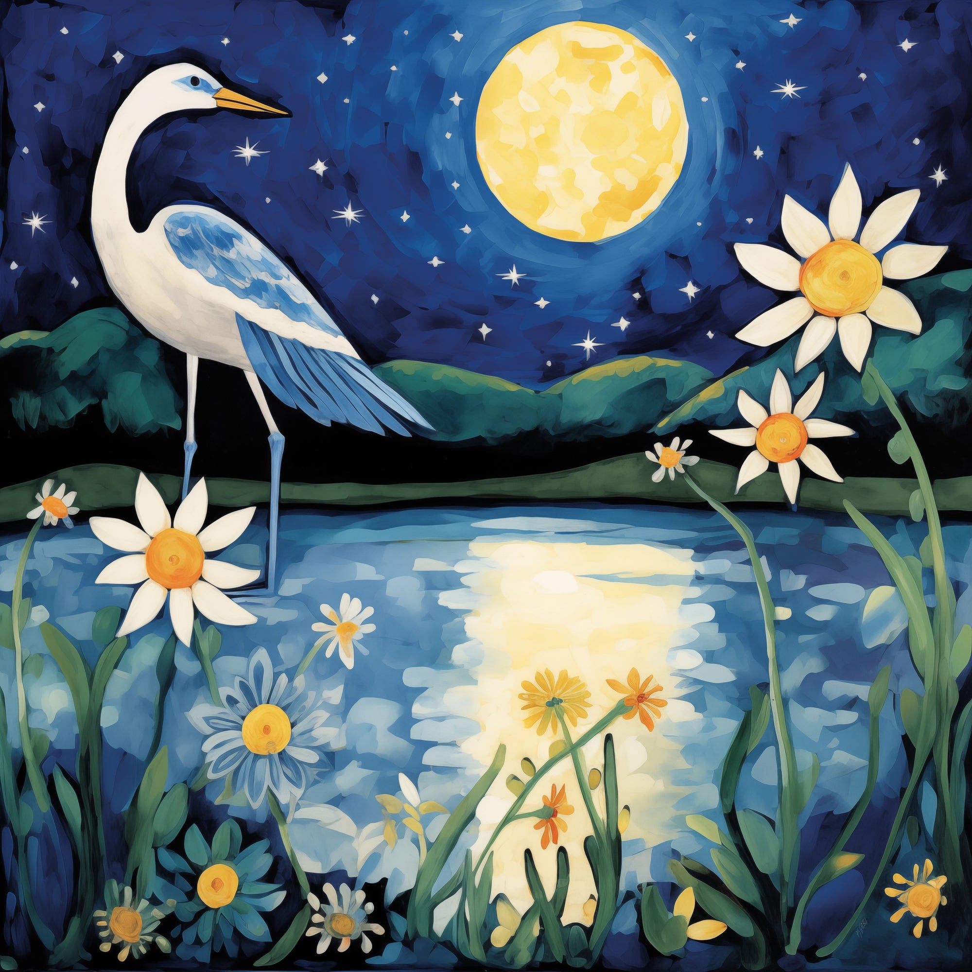 River Egret in Moonlight - Canvas Giclée Print