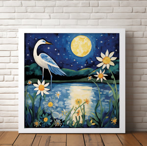 River Egret in Moonlight - Canvas Giclée Print