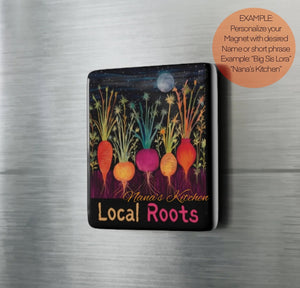 Local Roots - personalization option - Porcelain Magnet, Square, kitchen magnet, magnet for fridge, root vegetable, moon star, night garden, mystical garden, beet, carrot, radish, turnip