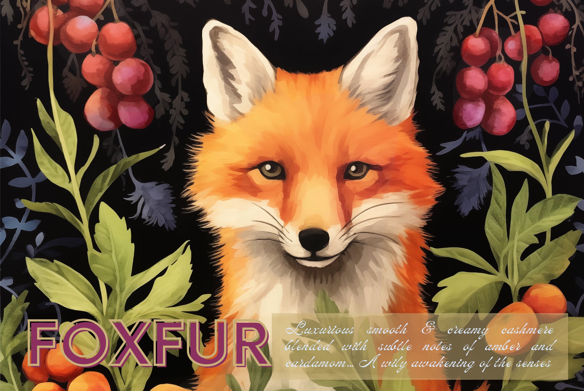 Fox Fur - Scented Soy Candle, 9oz  Luxurious smooth & creamy cashmere blended with subtle notes of amber and cardamom… A wily awakening of the senses