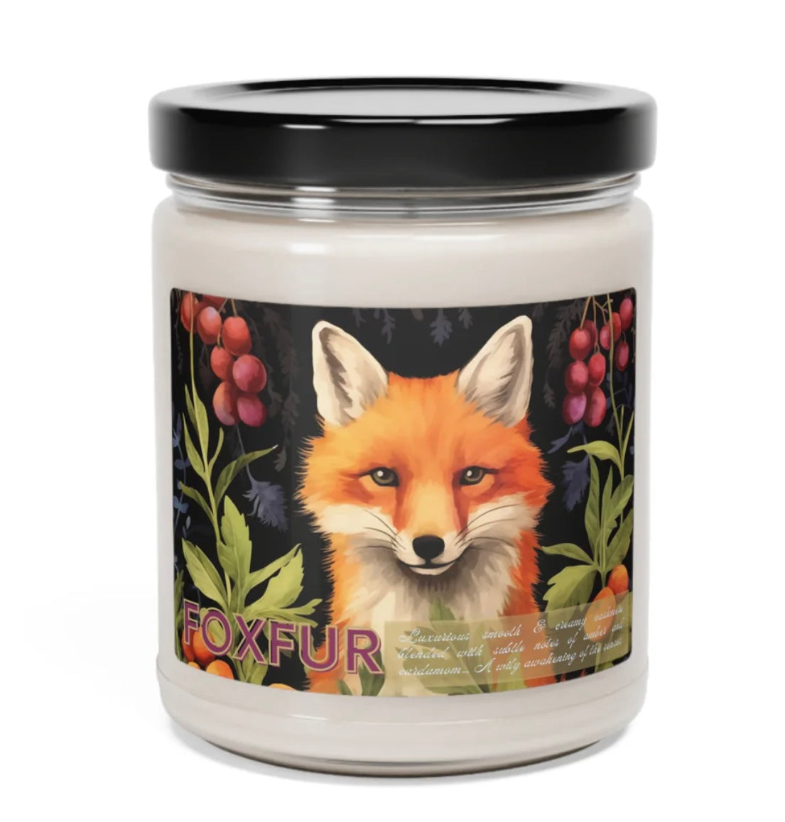 Fox Fur - Scented Soy Candle, 9oz  Luxurious smooth & creamy cashmere blended with subtle notes of amber and cardamom… A wily awakening of the senses