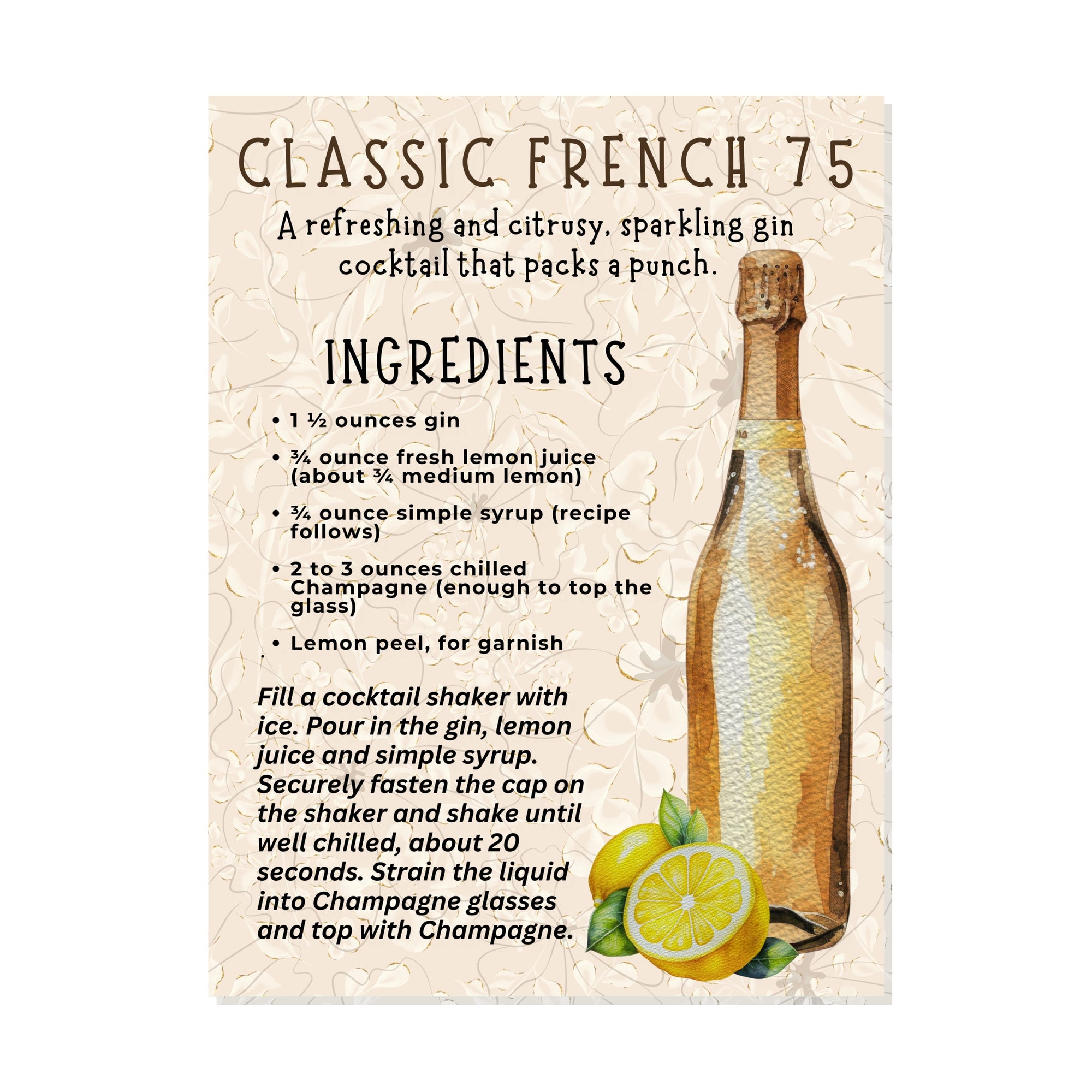 French 75 - Classic Cocktail Recipe Magnet At-A-Glance - 2 Sizes