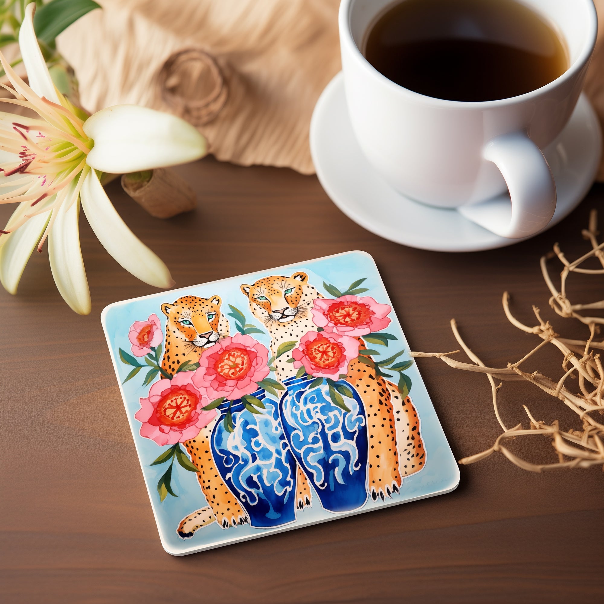 Ceramic Coaster - Serengeti Cheetahs with Chinoiserie, blue and white chinoiserie jars, watercolor peonies, folk art, watercolor, pretty coaster, flower coaster