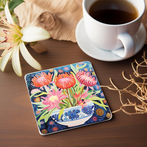 Ceramic Coaster - Starlit Proteas in Chinoiserie, blue and white chinoiserie bowl, watercolor protea, folk art, watercolor, pretty coaster, flower coaster