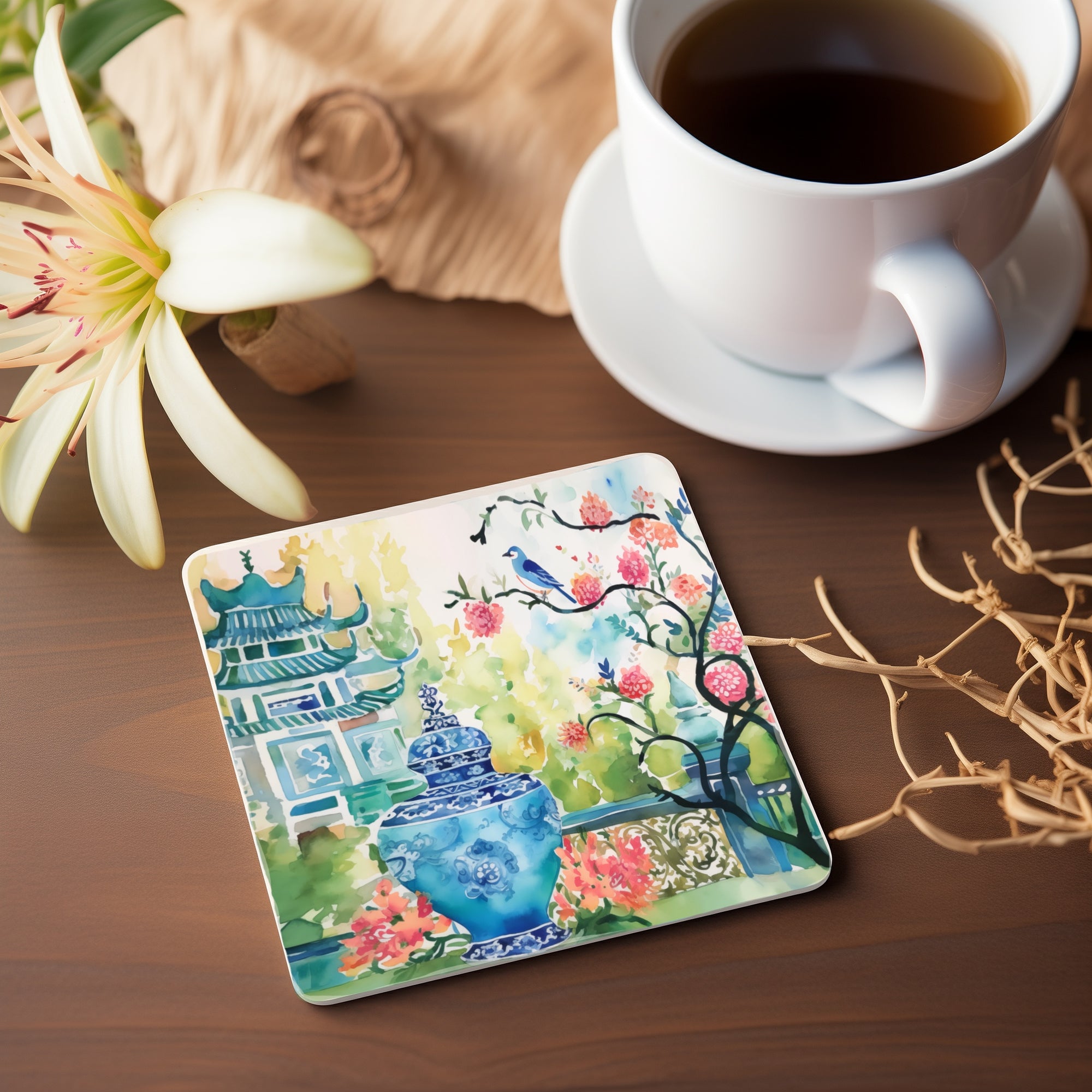 Ceramic Coaster - Pagoda, Cherry Blossoms, Bluebird, Chinoiserie, blue white jar, watercolor blossom, folk art, tea house, watercolor, pretty coaster, flower coaster