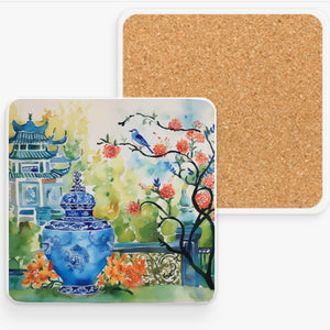 Ceramic Coaster - Pagoda, Cherry Blossoms, Bluebird, Chinoiserie, blue white jar, watercolor blossom, folk art, tea house, watercolor, pretty coaster, flower coaster