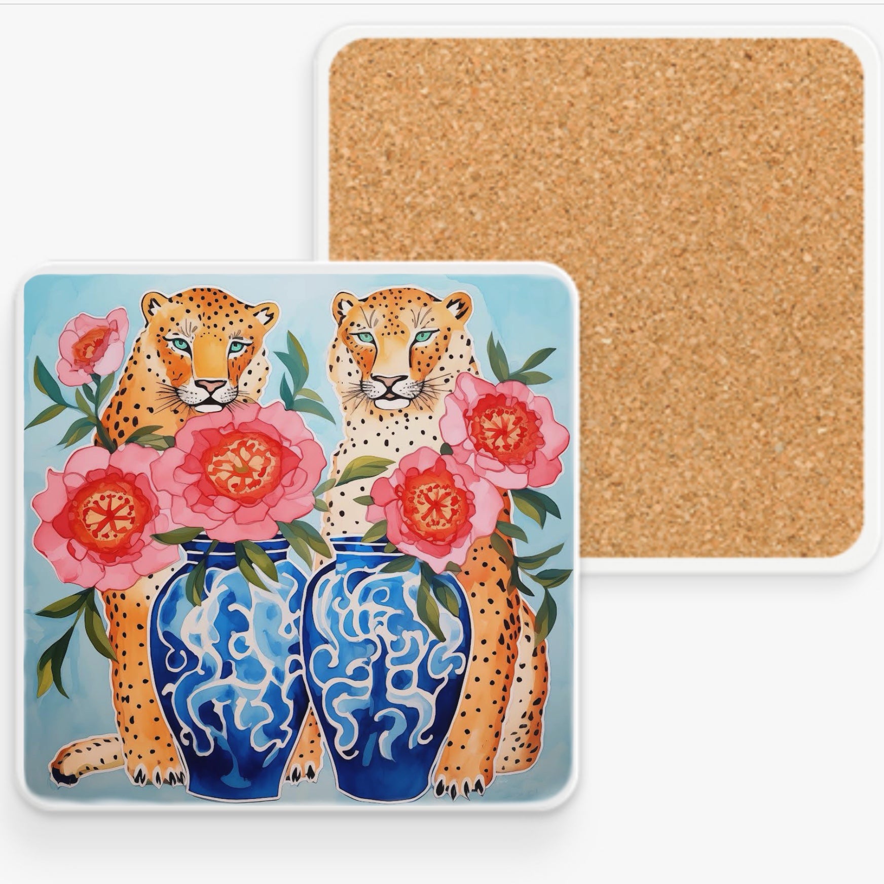 Ceramic Coaster - Serengeti Cheetahs with Chinoiserie, blue and white chinoiserie jars, watercolor peonies, folk art, watercolor, pretty coaster, flower coaster