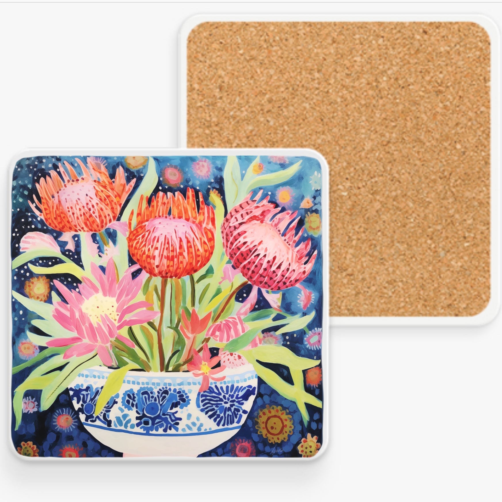 Ceramic Coaster - Starlit Proteas in Chinoiserie, blue and white chinoiserie bowl, watercolor protea, folk art, watercolor, pretty coaster, flower coaster