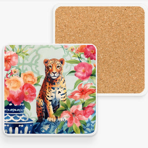 Ceramic Coaster - Tigress Garden, blue white jar, watercolor blossom, folk art, tea house, chinoiserie, pretty tiger coaster, floral coaster, bar ware, Kimberly Potts