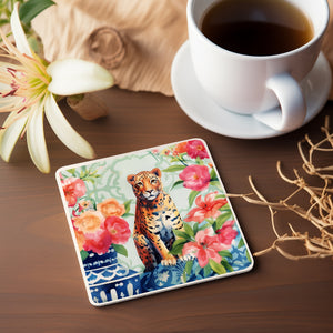 Ceramic Coaster - Tigress Garden, blue white jar, watercolor blossom, folk art, tea house, chinoiserie, pretty tiger coaster, floral coaster, bar ware, Kimberly Potts