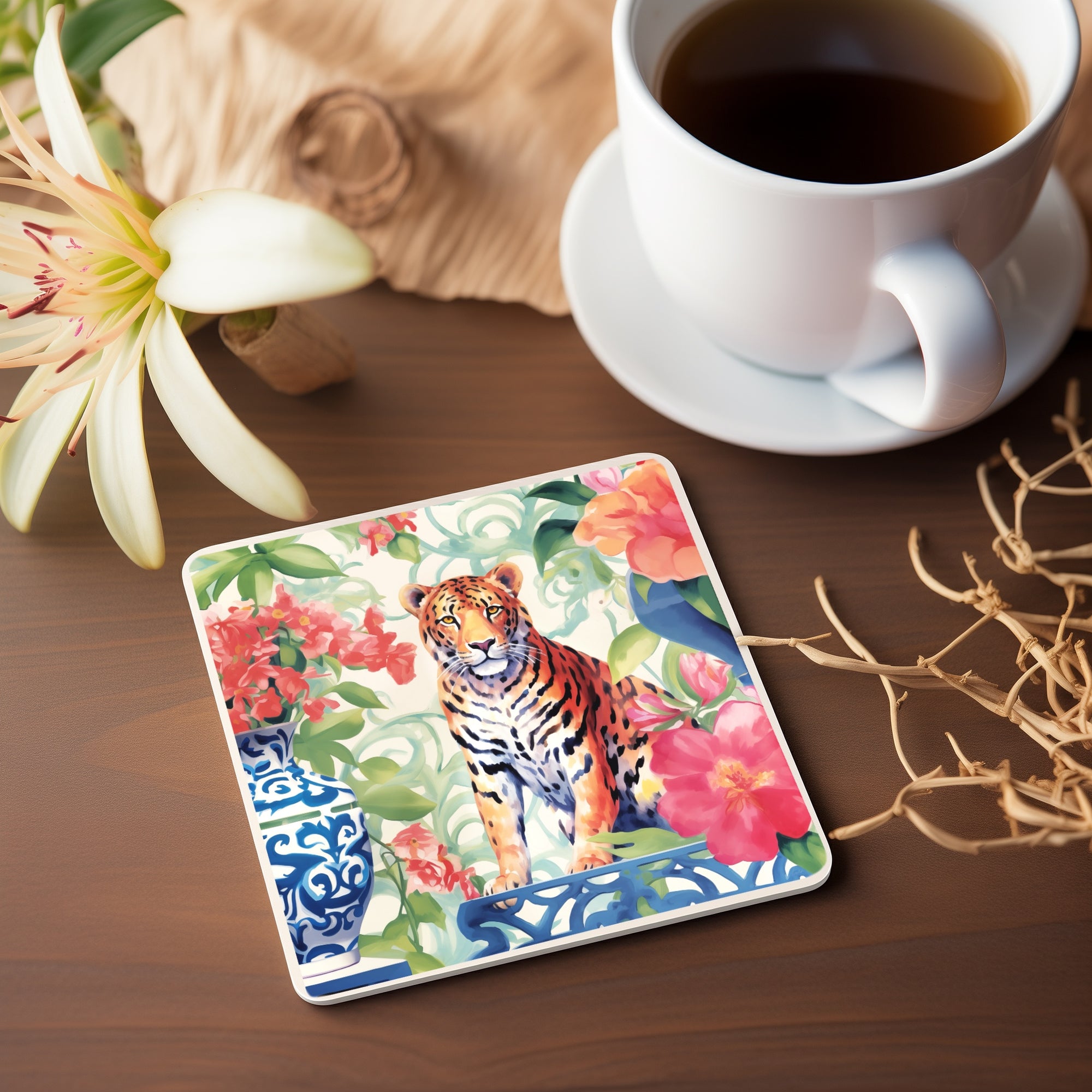 Ceramic Coaster - Tigers Garden, blue white jar, Tiger, watercolor blossom, folk art, tea house, chinoiserie, pretty tiger coaster, floral coaster, bar ware, Kimberly Potts