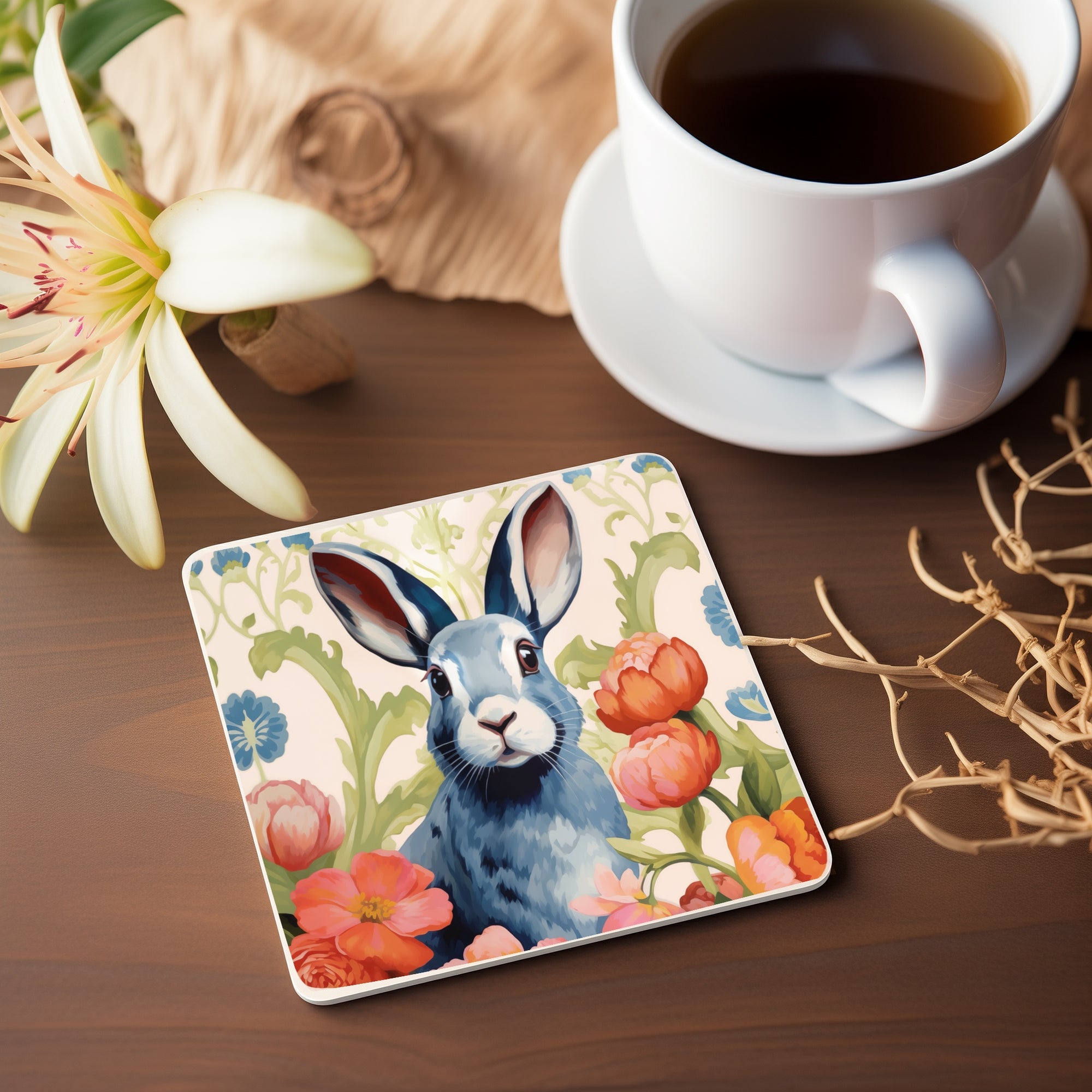 Ceramic Coaster - Blue Easter Bunny in Peonies