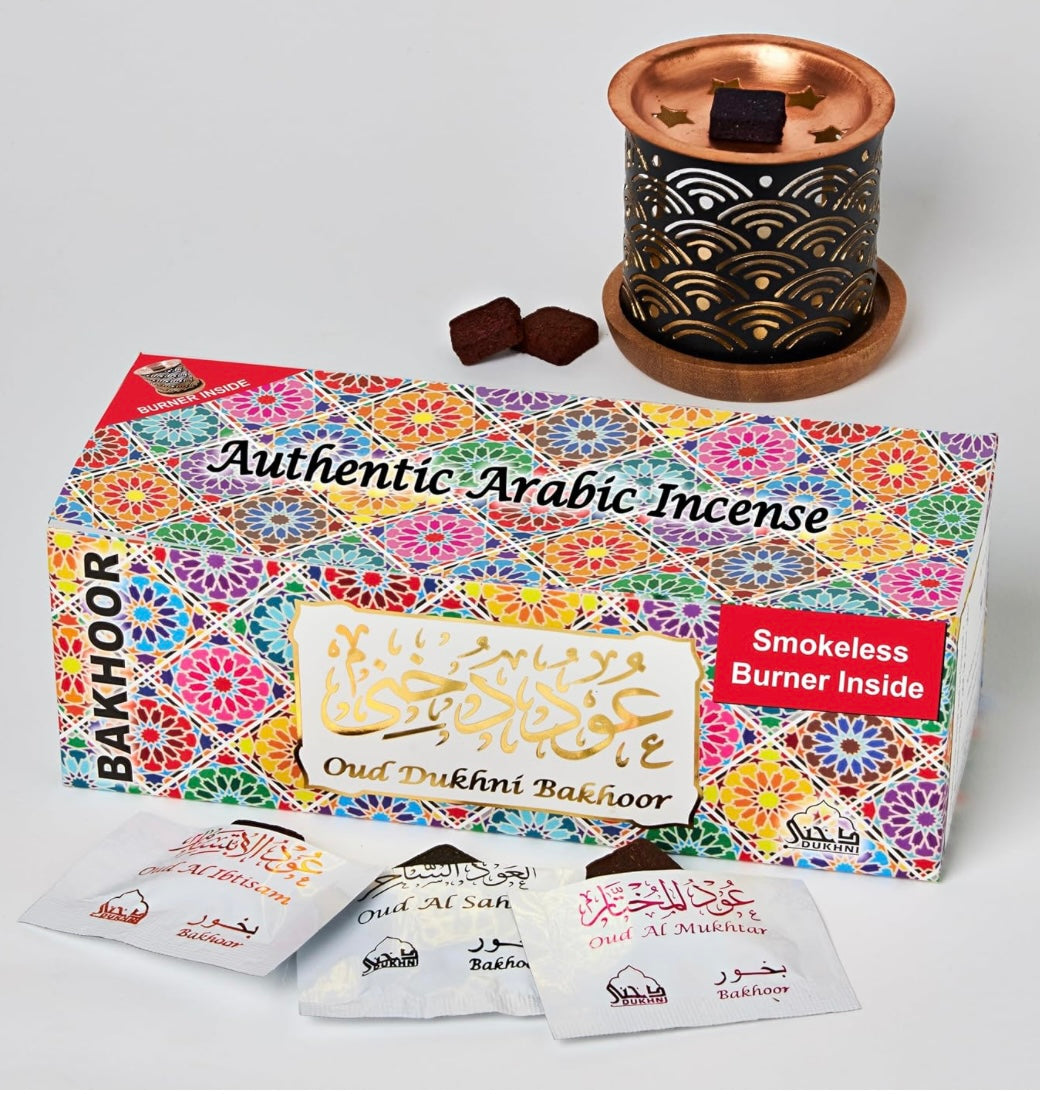 Oud Bakhoor Variety Box & Burner by Dukhni | Arabian Oudh Incense Set with Candle Incense burner| 10 mixed scents