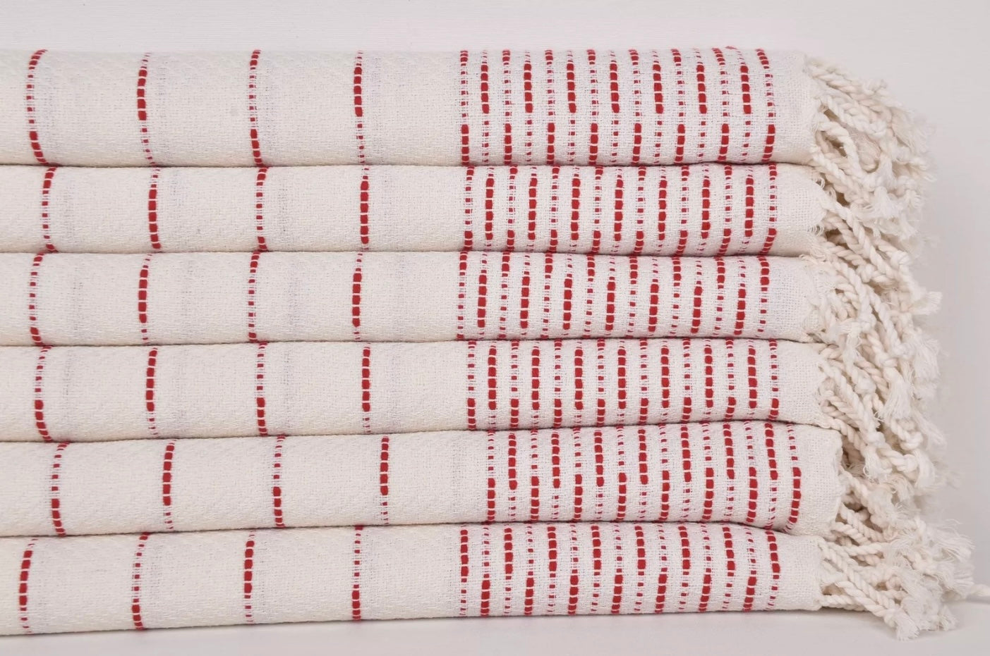 Organic Turkish Bath Towel, Red/White| Hand woven, absorbent and luxurious cotton with natural tassels