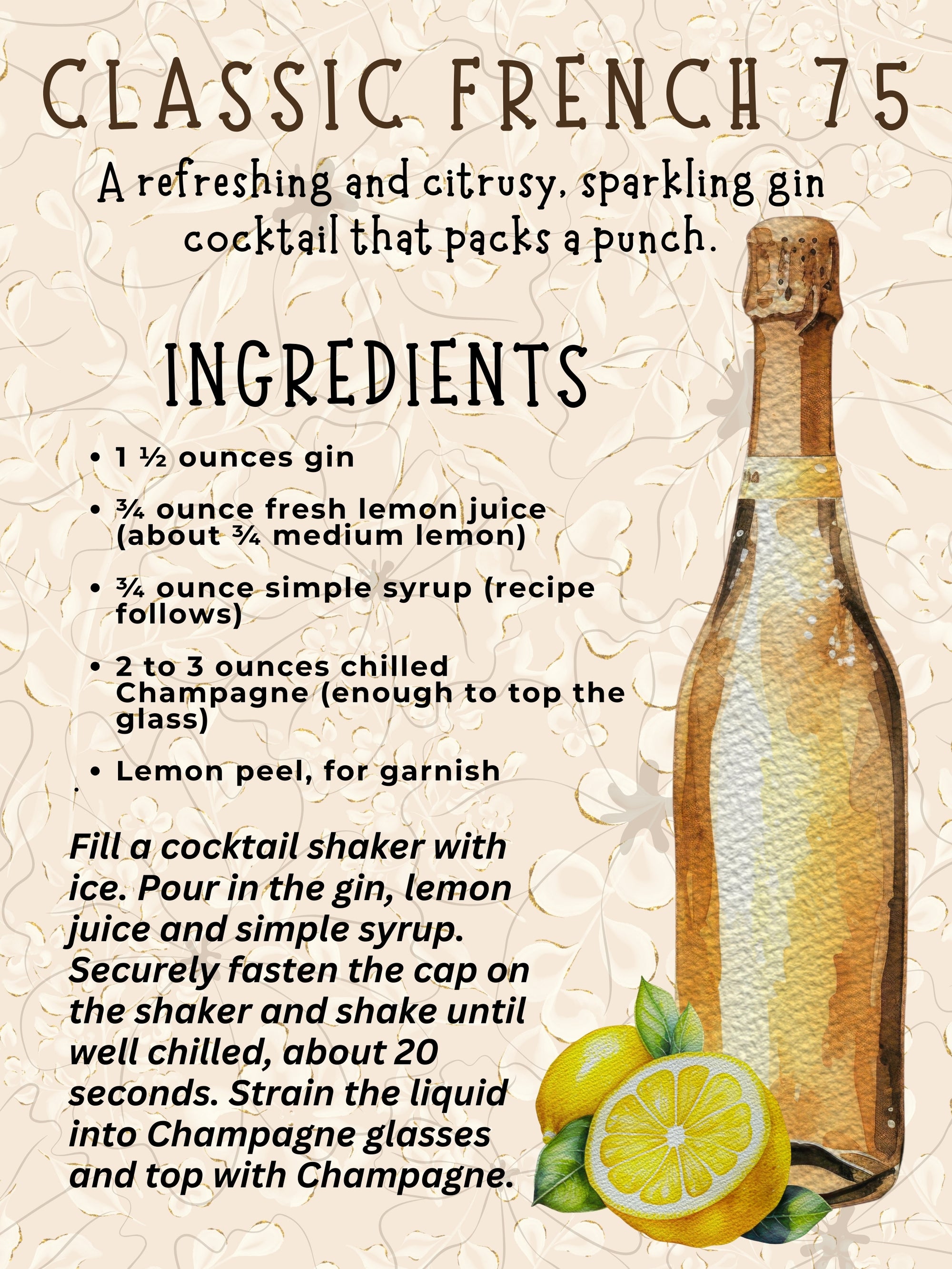 French 75 - Classic Cocktail Recipe Magnet At-A-Glance - 2 Sizes