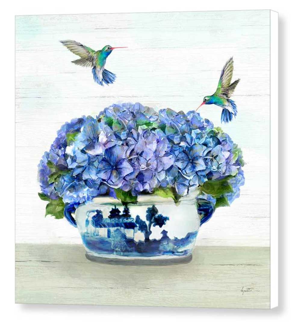 Hummingbirds in Hydrangea - 14 x 14 canvas print