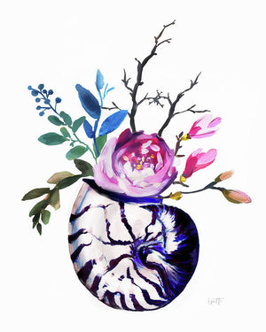 Blue and white nautilus with floral arrangement - Art Print