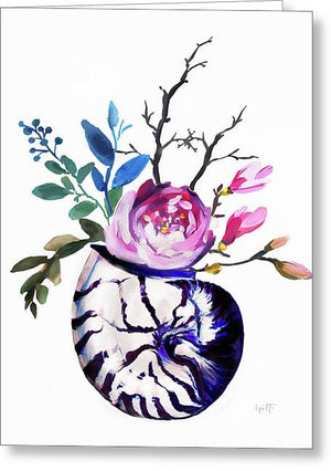Blue and white nautilus with floral arrangement - Greeting Card
