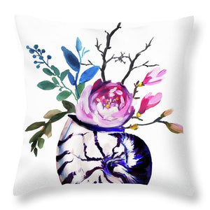 Blue and white nautilus with floral arrangement - Throw Pillow