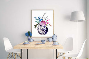 Blue & White Nautilus Floral - canvas print