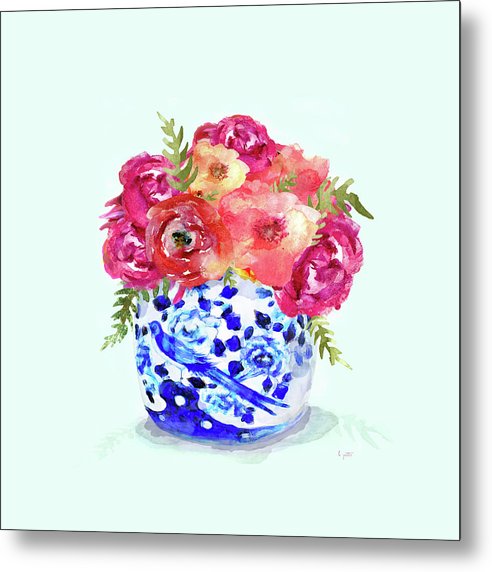 Peonies In Chinoiserie Ginger Jar - Metal Print