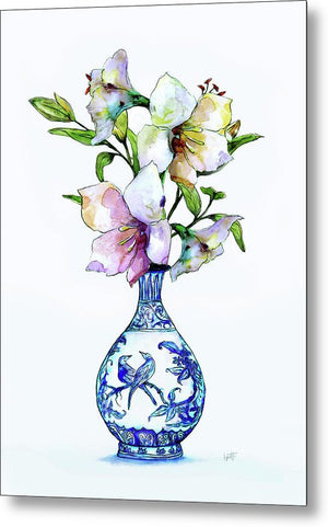 White Lilies In Blue And White Chinoiserie - Metal Print