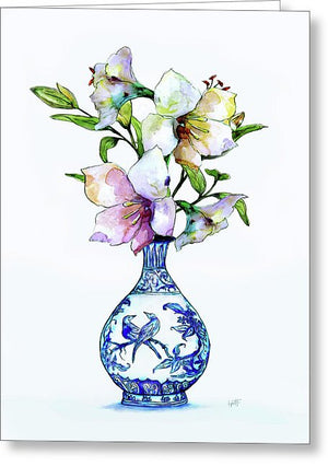 White Lilies In Blue And White Chinoiserie - Greeting Card
