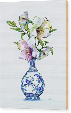 White Lilies In Blue And White Chinoiserie - Wood Print